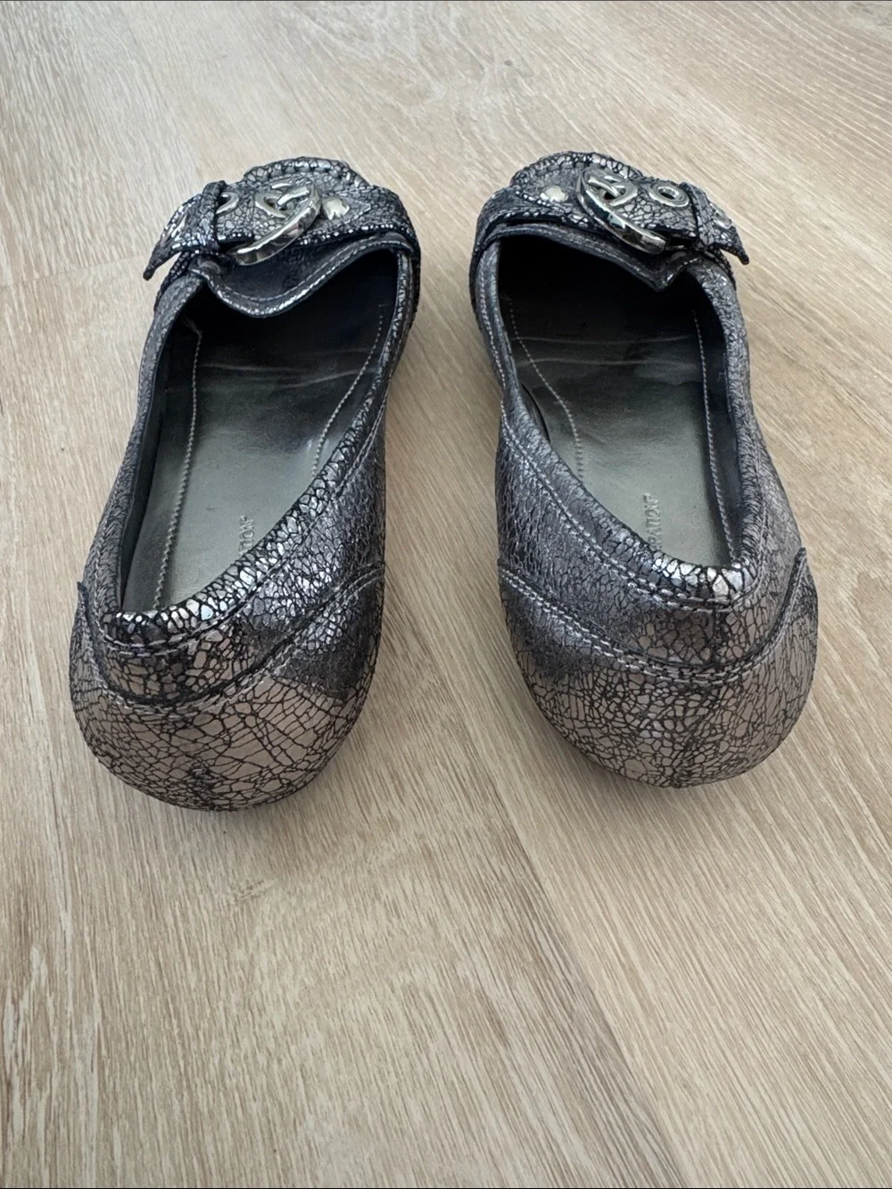 BCBGMaxAzria Metallic Silver Crackle Loafers with Buckle Detail